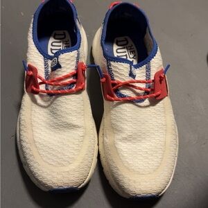 Hey Dude Men's White Sneakers with Red and Blue Accents